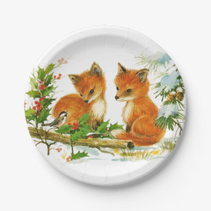 Baby Foxes in Snow Christmas Paper Plate