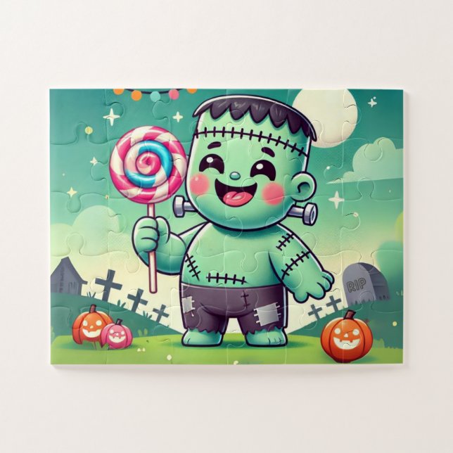 Baby Frankenstein holding a lollipop Jigsaw Puzzle (Horizontal)