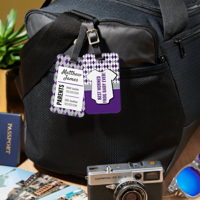 Baby Frog Purple Grey Argyle Pattern Bag Tag (Front & Back)