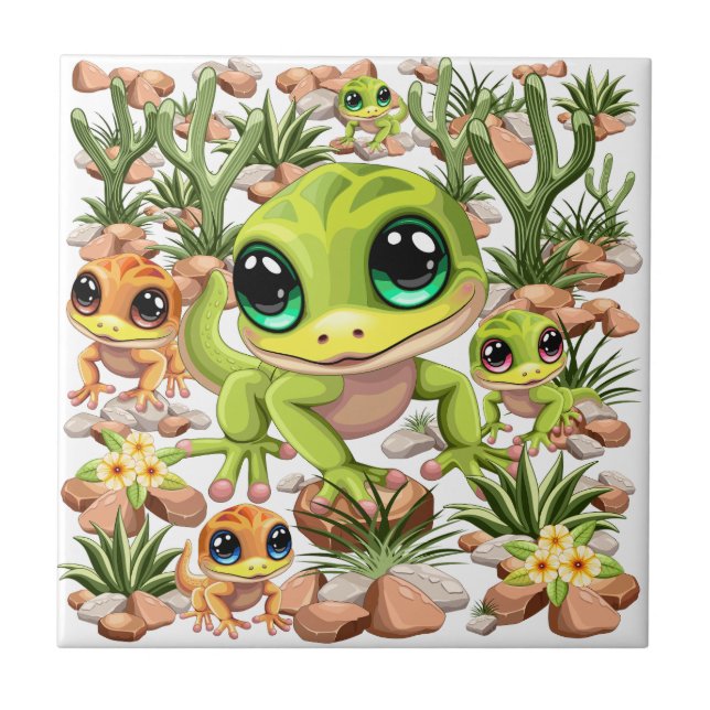 Baby Geckos Cute Cartoon Characters Ceramic Tile (Front)