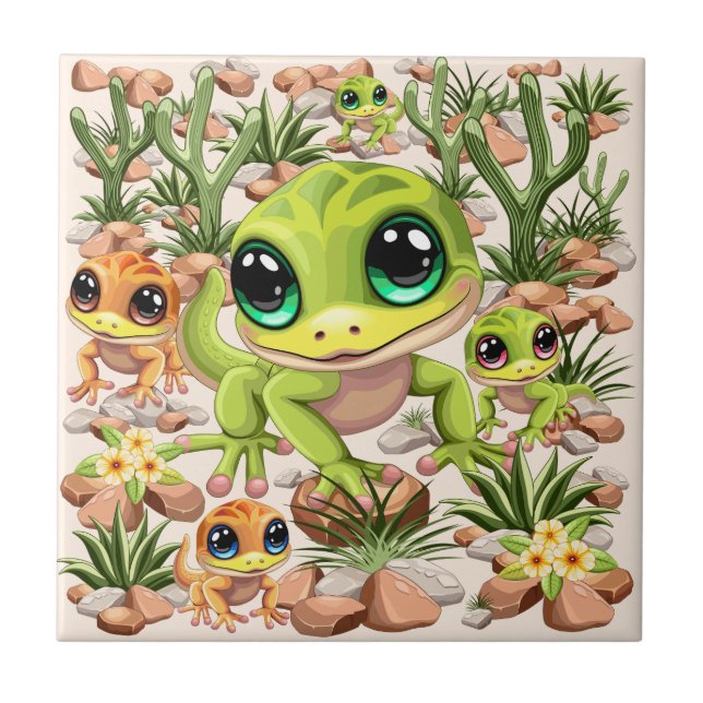 Baby Geckos Cute Cartoon Characters Ceramic Tile (Front)
