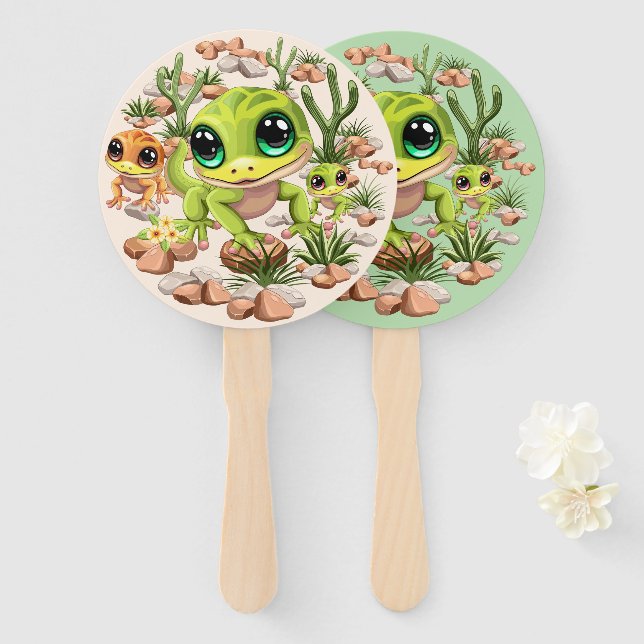 Baby Geckos Cute Cartoon Characters Hand Fan (Front and Back)