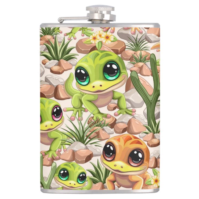 Baby Geckos Cute Cartoon Characters Hip Flask (Front)