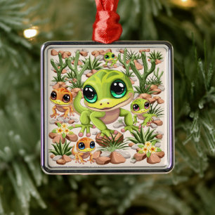 Baby Geckos Cute Cartoon Characters Metal Ornament