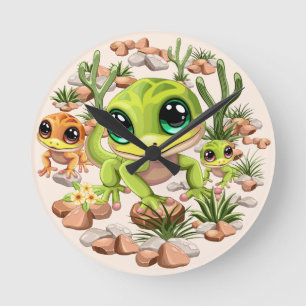 Baby Geckos Cute Cartoon Characters Round Clock