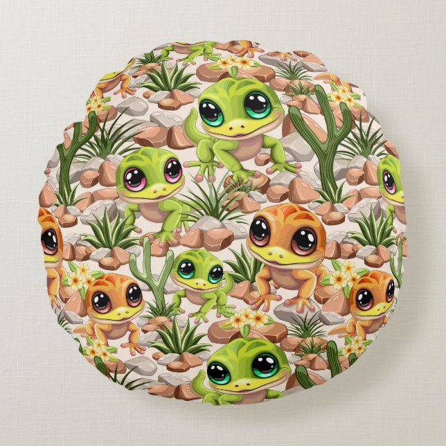 Baby Geckos Cute Cartoon Characters Round Cushion (Front)