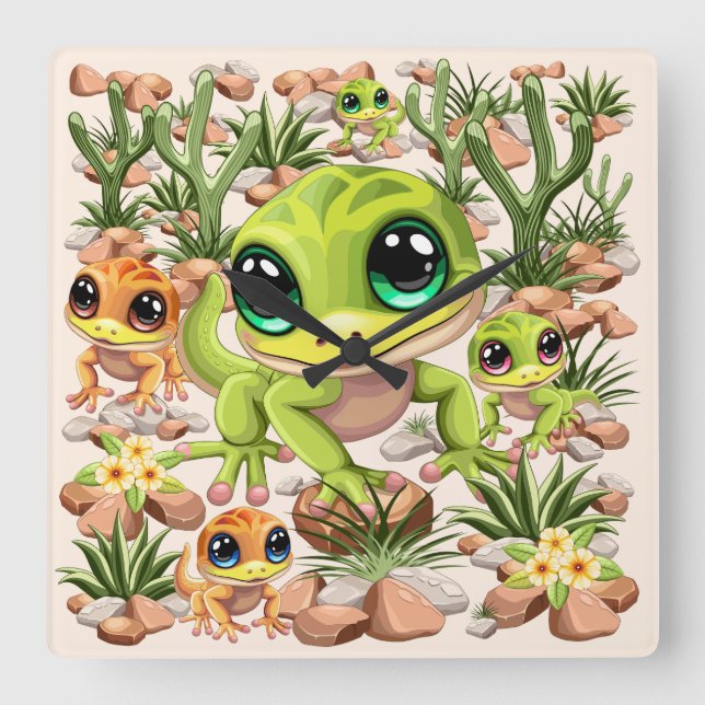 Baby Geckos Cute Cartoon Characters Square Wall Clock (Front)