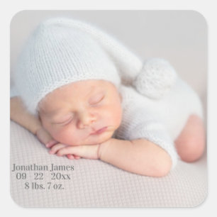 Baby Gender Neutral Grey Photo Birth Announcement Square Sticker