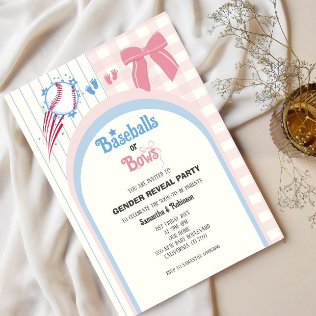 Baby gender reveal Baseballs or Bows Invitation (Creator Uploaded)