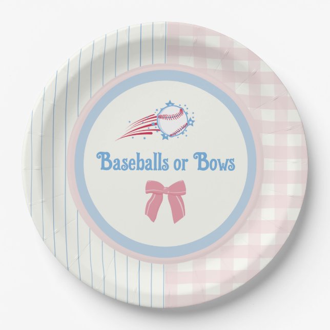 Baby gender reveal Baseballs or Bows Paper Plate (Front)