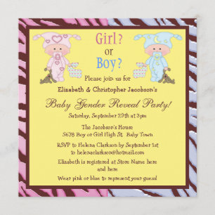 Baby Gender Reveal Cute Cartoon Babies & Bunnies Invitation