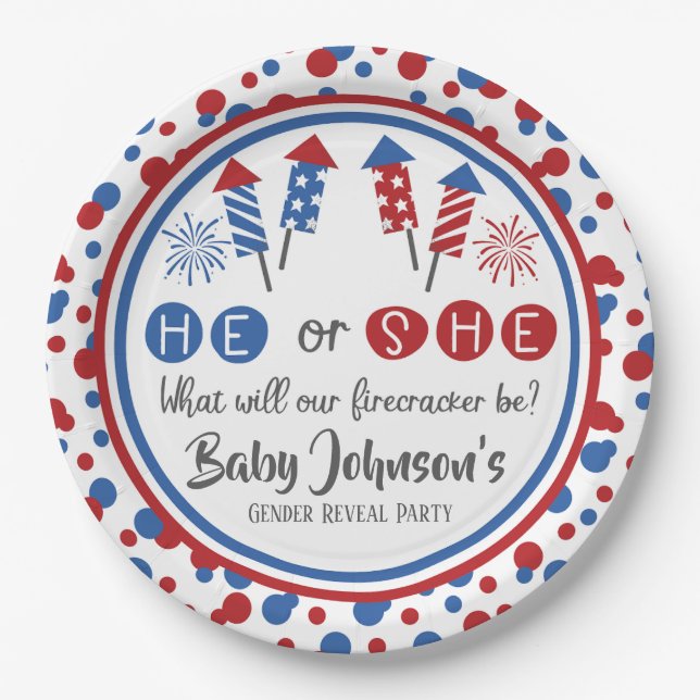 Baby Gender Reveal - Firecracker 4th of July Paper Plate (Front)