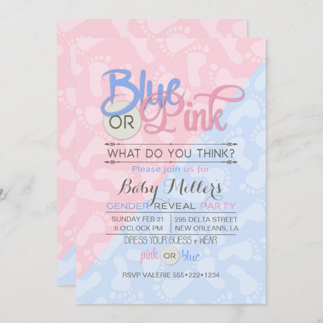 Baby Gender Reveal Party Pink Blue Footprint Invitation (Front/Back)
