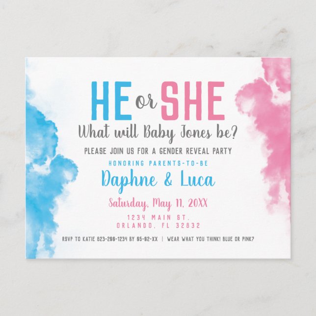 Baby Gender Reveal Smoke Bomb Blue and Pink Party Postcard (Front)