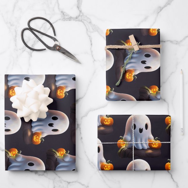 Baby Ghost Creepy Cute Halloween Character Wrapping Paper Sheet (Front)