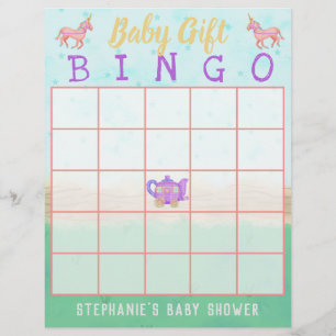Baby Gift Bingo Cute Unicorn Tea Party Shower Flyer