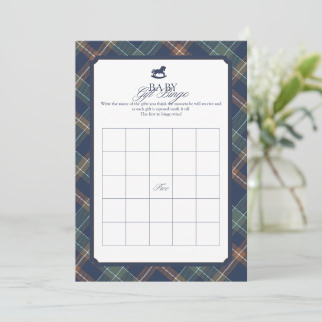 Baby Gift Bingo Game Navy Plaid Preppy Baby Shower Advice Card (Standing Front)