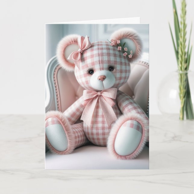 Baby Gingham Teddy Bear On a Chair Card (Front)