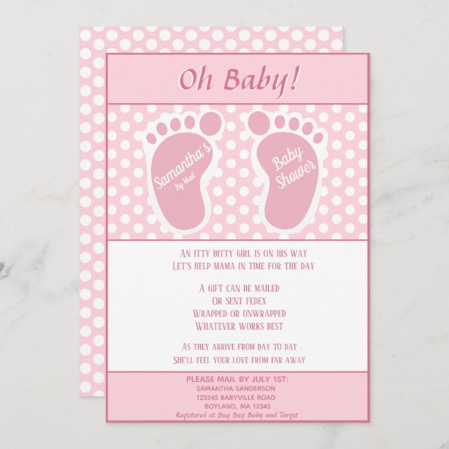 Baby Gir Long Distance Baby Shower Baby Foot Print Invitation (Front/Back)