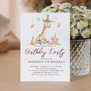 Baby Giraffe and Balloons Kids Birthday Party Invitation
