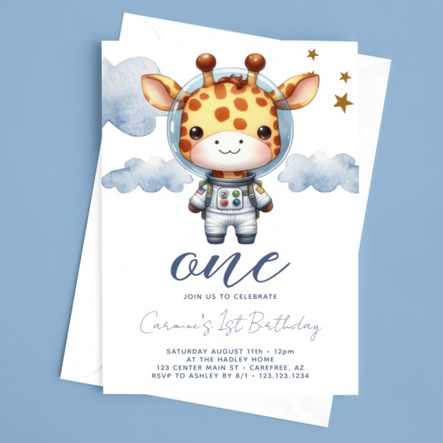 Baby Giraffe Astronaut 1st Birthday Invitation (Creator Uploaded)