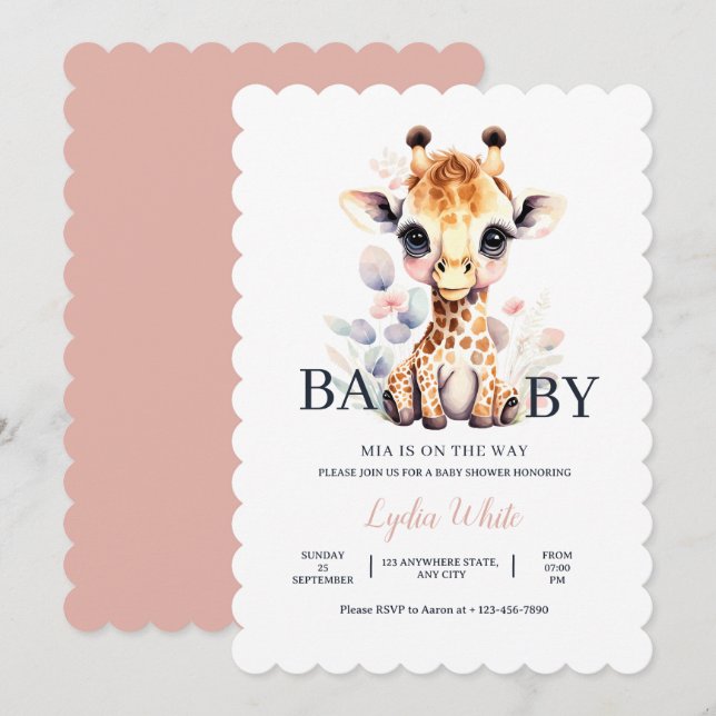 Baby Giraffe Baby Shower Girl Pink Baby Shower Invitation (Front/Back)