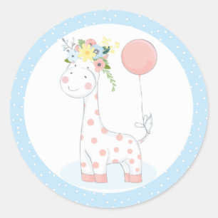 Baby Giraffe Balloon Floral Crown Pastel Blue Zoo  Classic Round Sticker