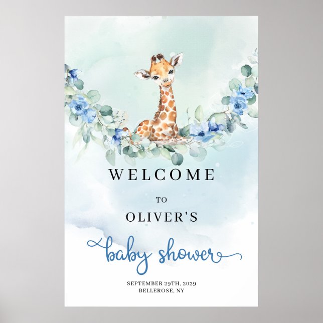 Baby giraffe blue flowers Boy Baby Shower Welcome Poster (Front)