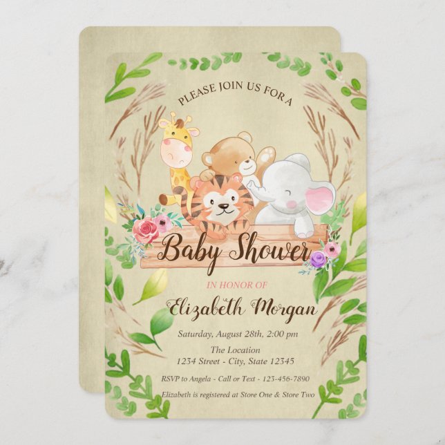 Baby Giraffe,Elephant,Bear,Tiger Leaf Baby Shower Invitation (Front/Back)