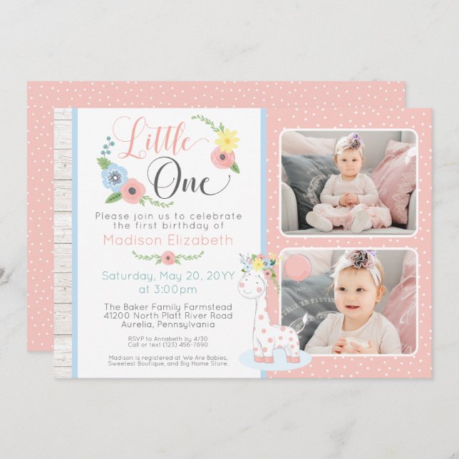 Baby Giraffe First Birthday Floral Photo Collage Invitation (Front/Back)