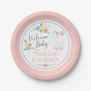 Baby Giraffe Floral Calf Welcome Baby Shower Party Paper Plate