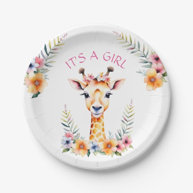 Baby Giraffe Floral, It's a Girl  | Baby Shower Paper Plate (Front)