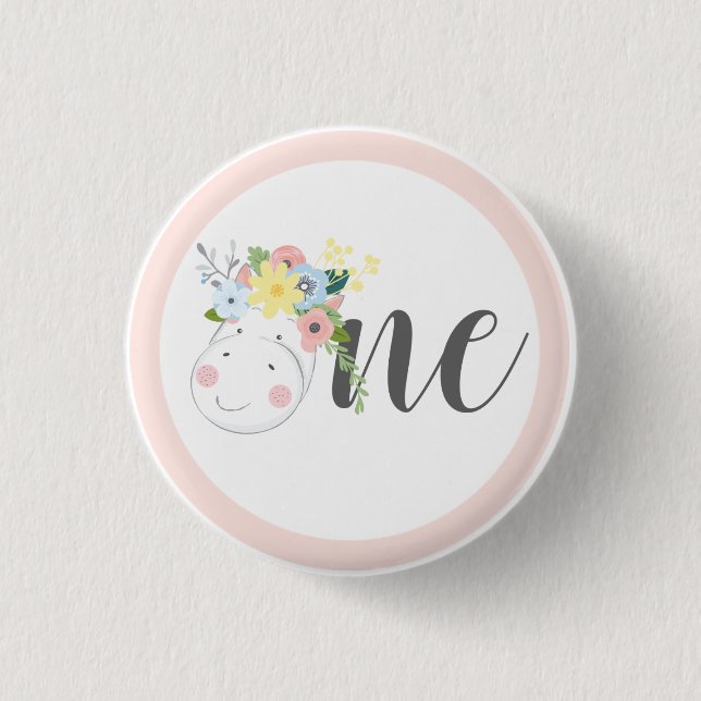 Baby Giraffe Floral Number One 1st Birthday Party 3 Cm Round Badge (Front)