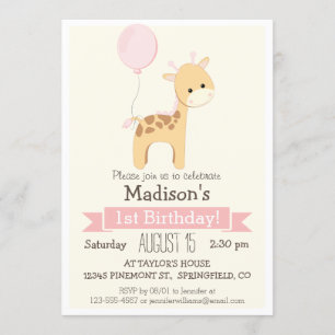 Baby Giraffe Girl's Birthday Party Invitation