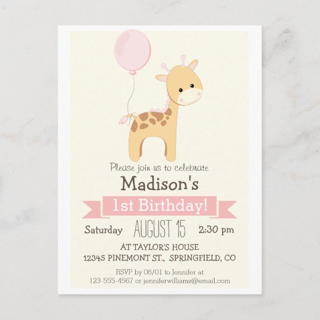 Baby Giraffe Girl's Birthday Party Invitation Postcard (Front)