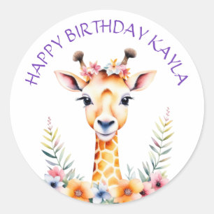 Baby Giraffe in Flowers Girl's Birthday Party Classic Round Sticker