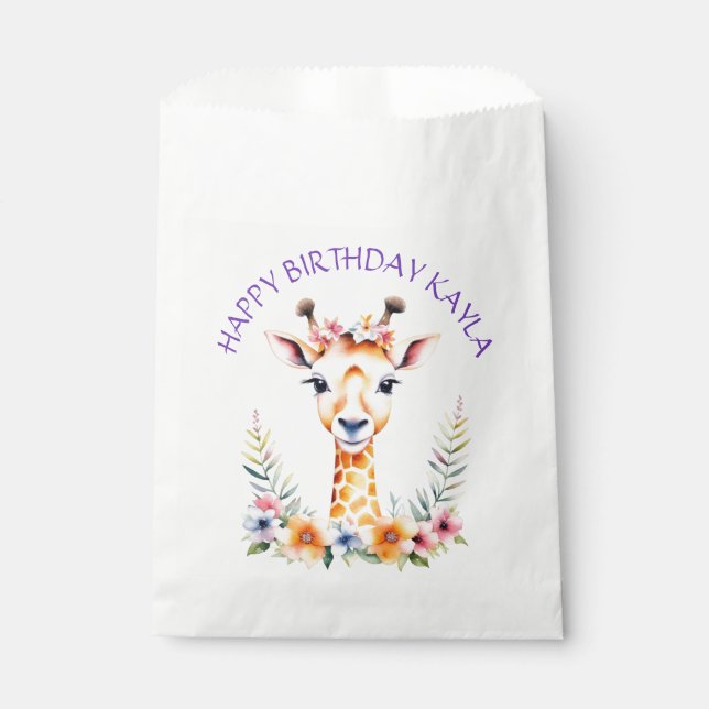 Baby Giraffe in Flowers Girl's Birthday Party Favour Bag (Front)
