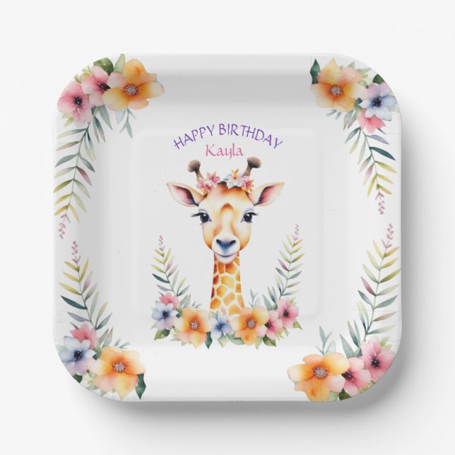 Baby Giraffe in Flowers Girl's Birthday Party Paper Plate (Front)