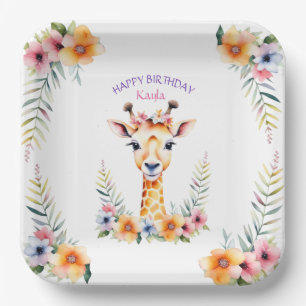 Baby Giraffe in Flowers Girl's Birthday Party Paper Plate