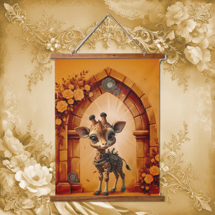 Baby giraffe in steampunk-cartoon hanging tapestry