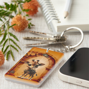 Baby giraffe in steampunk-cartoon key ring