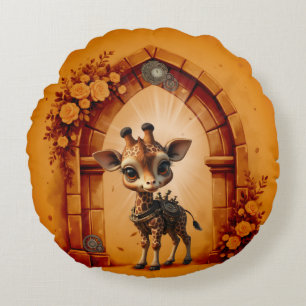 Baby giraffe in steampunk-cartoon round cushion