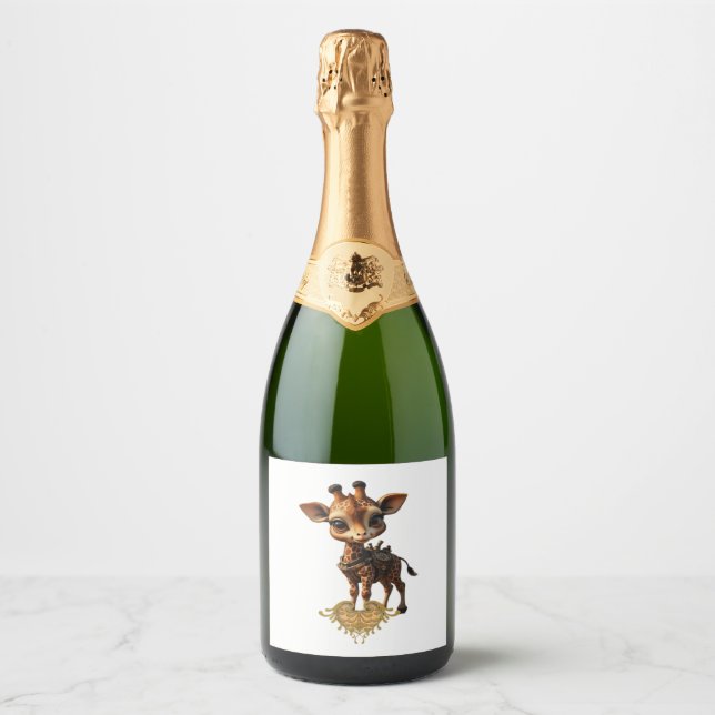Baby giraffe in steampunk-cartoon style Classic T- Sparkling Wine Label (Front)