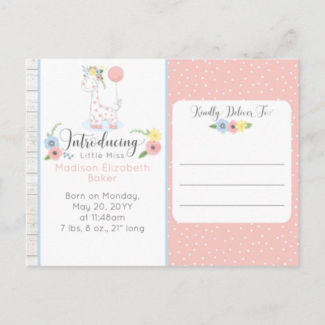 Baby Giraffe Rustic Floral Baby Birth Announcement Postcard (Front)
