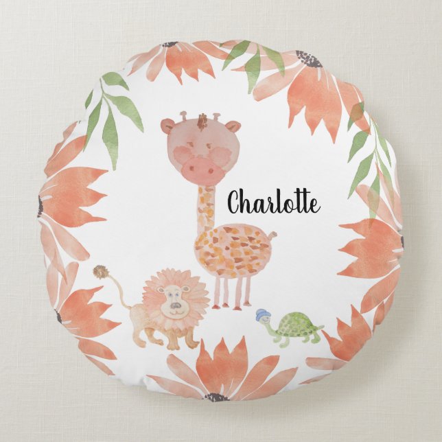 Baby Giraffe Watercolor Hand-painted Round Cushion (Front)