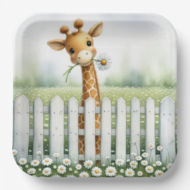 Baby Giraffe With Daisy  Paper Plate (Front)