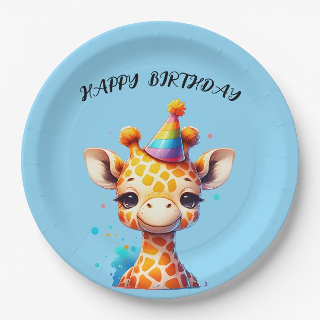 baby giraffe with party hat birthday paper plate (Front)