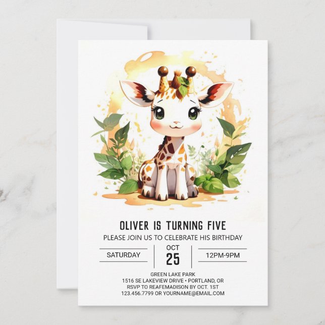 Baby Giraffe's Safari Birthday Invitation (Front)