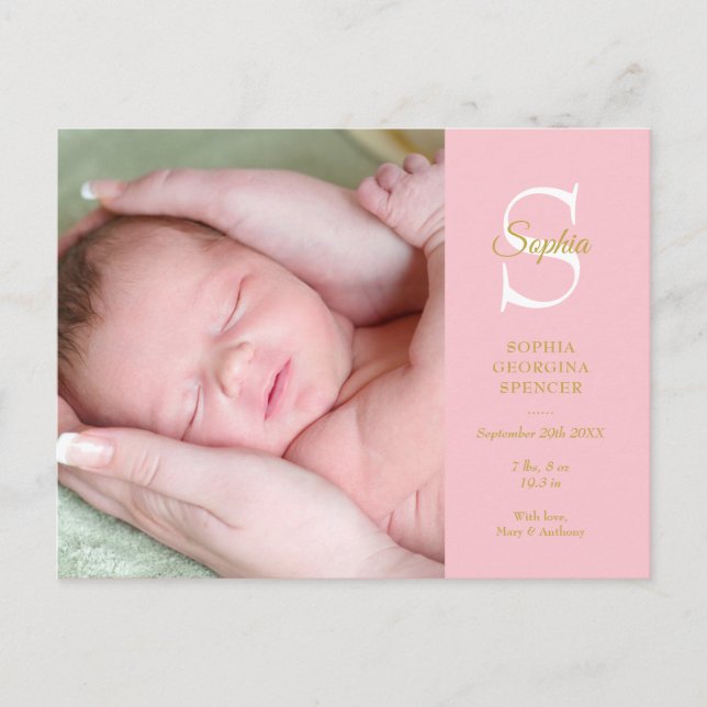 Baby GirI Monogram Photo Birth Stats Thank You Announcement Postcard (Front)