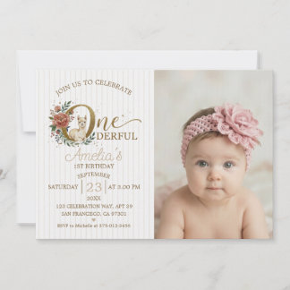 Baby Girl 1st Birthday Boho Floral Crown Charm Invitation